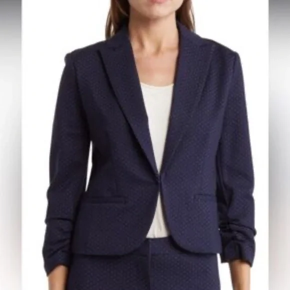 Amanda & Chelsea 3/4 ruched sleeve navy blue & white blazer size large - Picture 1 of 9